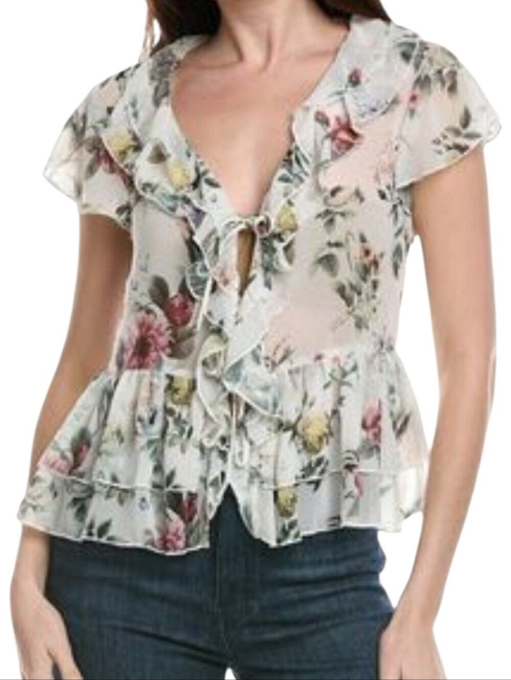 Philosophy Floral Plissé Ruffle Tie Front Blouse White Multi Size M